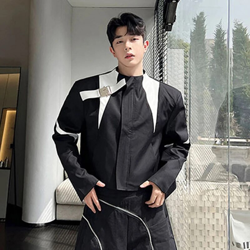 IEFB Pánske bundy so stojatým golierom, kontrastné farby, krátky kabát z umelej kože, kórejský štýl, luxusné pánske oblečenie, nový rok 2023, 9C1558