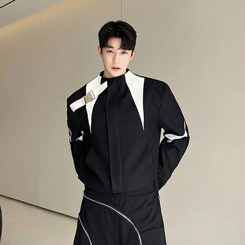 IEFB Pánske bundy so stojatým golierom, kontrastné farby, krátky kabát z umelej kože, kórejský štýl, luxusné pánske oblečenie, nový rok 2023, 9C1558