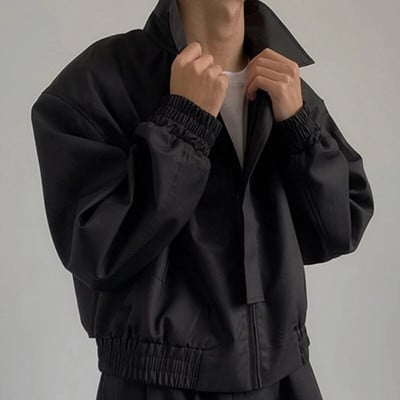 Pánska jarná nová krátka bunda s dlhým rukávom, jednofarebný štvorcový golier, módna voľná ležérna bomber bunda so zipsom, streetwear