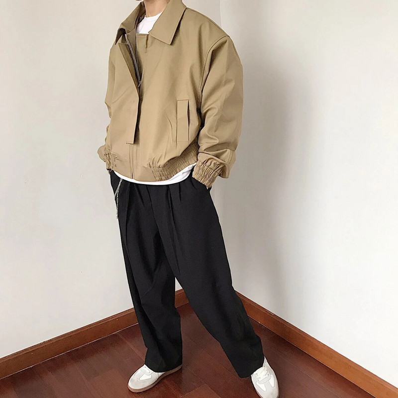 Pánska jarná nová krátka bunda s dlhým rukávom, jednofarebný štvorcový golier, módna voľná ležérna bomber bunda so zipsom, streetwear