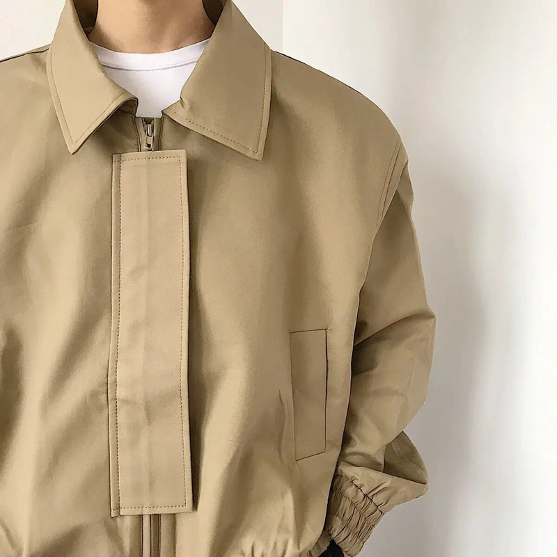 Pánska jarná nová krátka bunda s dlhým rukávom, jednofarebný štvorcový golier, módna voľná ležérna bomber bunda so zipsom, streetwear