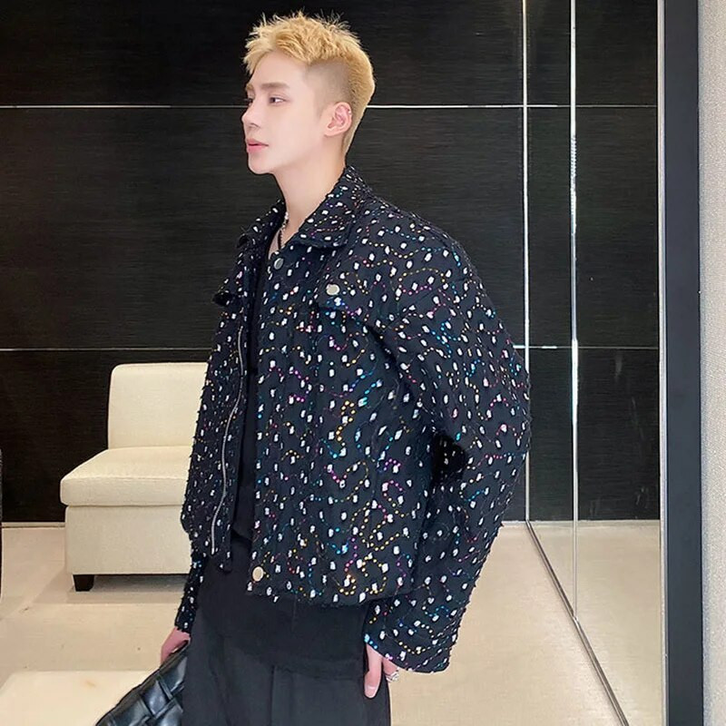 IEFB Personalitate Broderie Paiete Jachetă Scurtă Bărbați Tendință Coreeană Rever 2023 Toamna Casual Mantocă cu guler răsturnat 9A1711