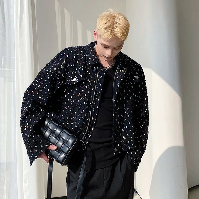 IEFB Personalitate Broderie Paiete Jachetă Scurtă Bărbați Tendință Coreeană Rever 2023 Toamna Casual Mantocă cu guler răsturnat 9A1711