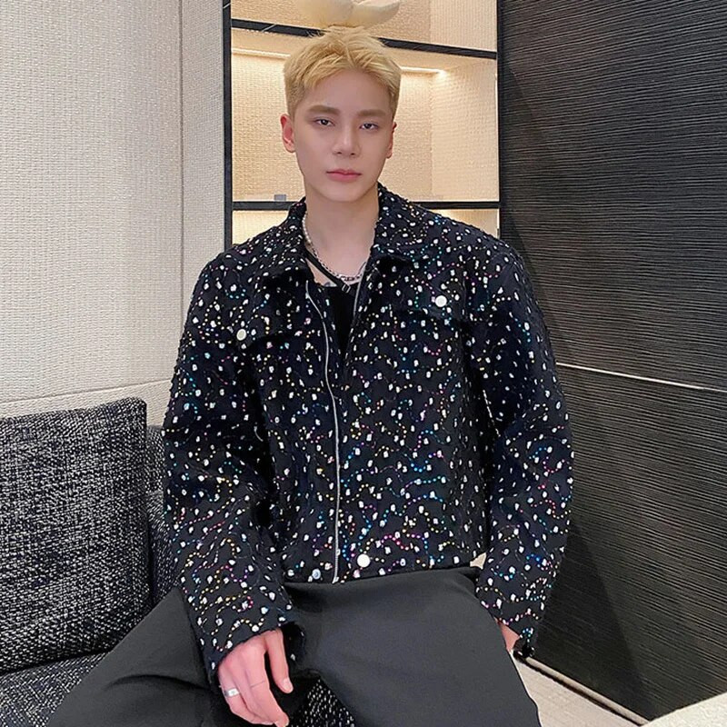 IEFB Personalitate Broderie Paiete Jachetă Scurtă Bărbați Tendință Coreeană Rever 2023 Toamna Casual Mantocă cu guler răsturnat 9A1711