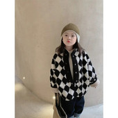 Detský kabát v kórejskej verzii, dievčenský plyšový jednoradový kockovaný bavlnený kabát, chlapčenský kašmírový bavlnený kabát, detské oblečenie