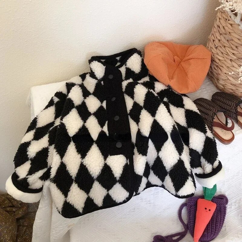 Detský kabát v kórejskej verzii, dievčenský plyšový jednoradový kockovaný bavlnený kabát, chlapčenský kašmírový bavlnený kabát, detské oblečenie