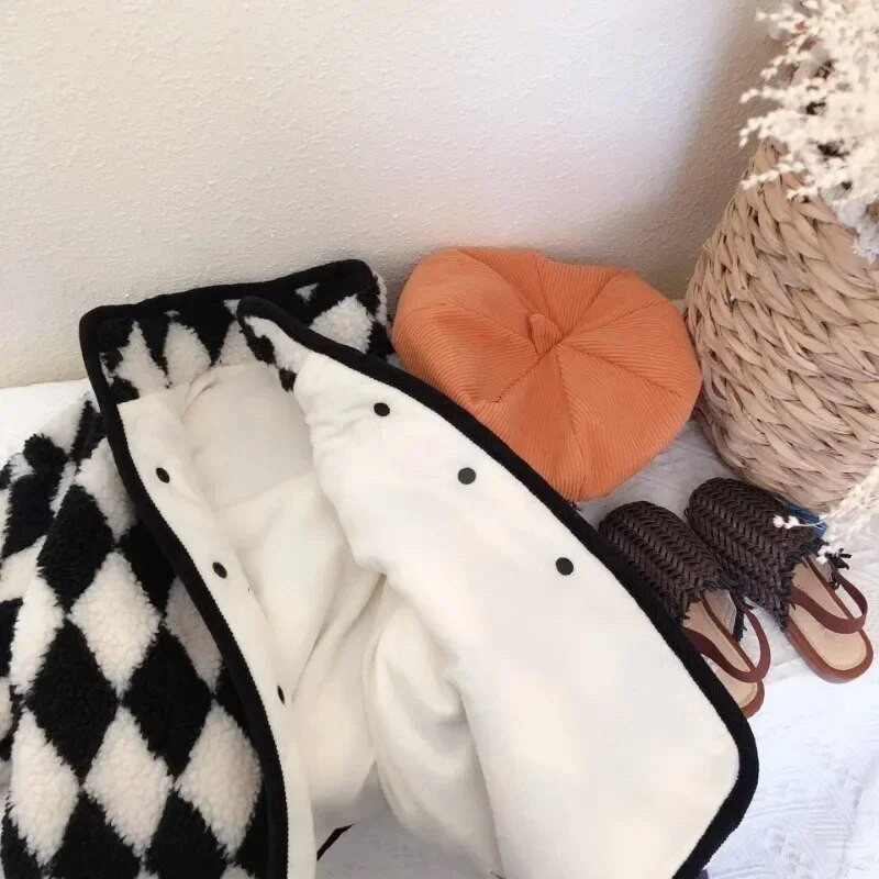 Detský kabát v kórejskej verzii, dievčenský plyšový jednoradový kockovaný bavlnený kabát, chlapčenský kašmírový bavlnený kabát, detské oblečenie