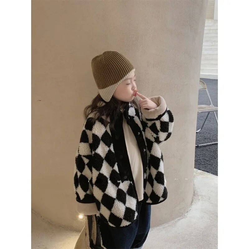 Detský kabát v kórejskej verzii, dievčenský plyšový jednoradový kockovaný bavlnený kabát, chlapčenský kašmírový bavlnený kabát, detské oblečenie
