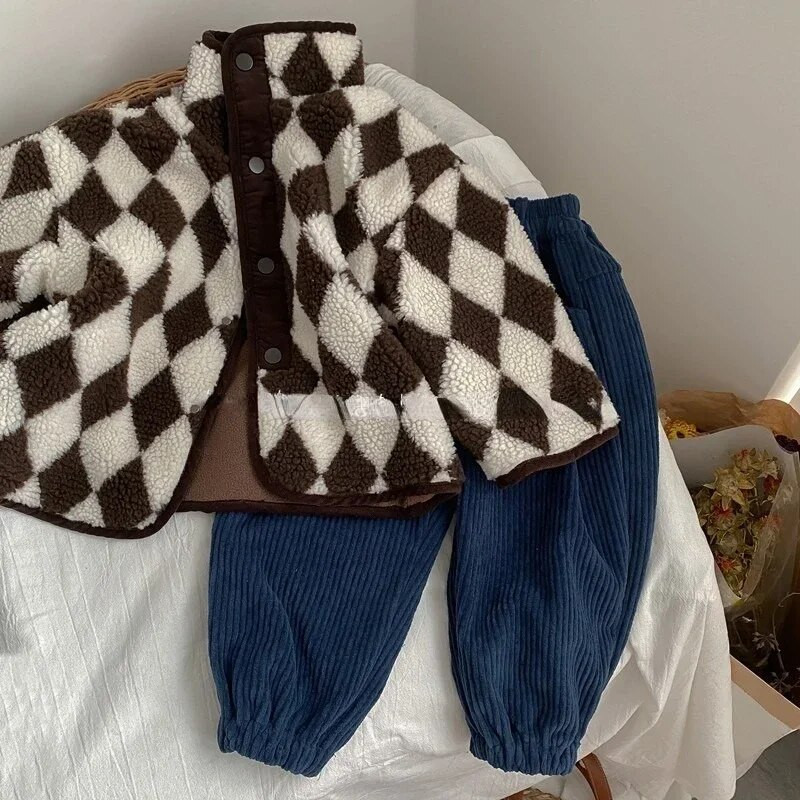 Detský kabát v kórejskej verzii, dievčenský plyšový jednoradový kockovaný bavlnený kabát, chlapčenský kašmírový bavlnený kabát, detské oblečenie