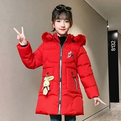 3-12T tüdrukute mantel, suur karusnahast krae kapuutsiga jakk vabaaja talvine paks soe puuvillane mantel Keskmise pikkusega sulejope Tüdrukute tepitud jakk