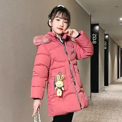 3-12T tüdrukute mantel, suur karusnahast krae kapuutsiga jakk vabaaja talvine paks soe puuvillane mantel Keskmise pikkusega sulejope Tüdrukute tepitud jakk