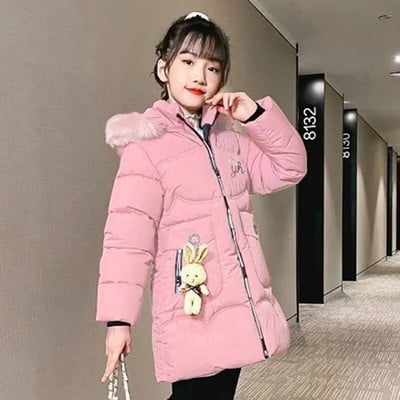 3-12T tüdrukute mantel, suur karusnahast krae kapuutsiga jakk vabaaja talvine paks soe puuvillane mantel Keskmise pikkusega sulejope Tüdrukute tepitud jakk