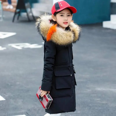 3-12T tüdrukute mantel, suur karusnahast krae kapuutsiga jakk vabaaja talvine paks soe puuvillane mantel Keskmise pikkusega sulejope Tüdrukute tepitud jakk