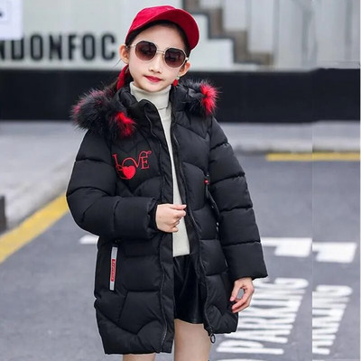 3-12T tüdrukute mantel, suur karusnahast krae kapuutsiga jakk vabaaja talvine paks soe puuvillane mantel Keskmise pikkusega sulejope Tüdrukute tepitud jakk