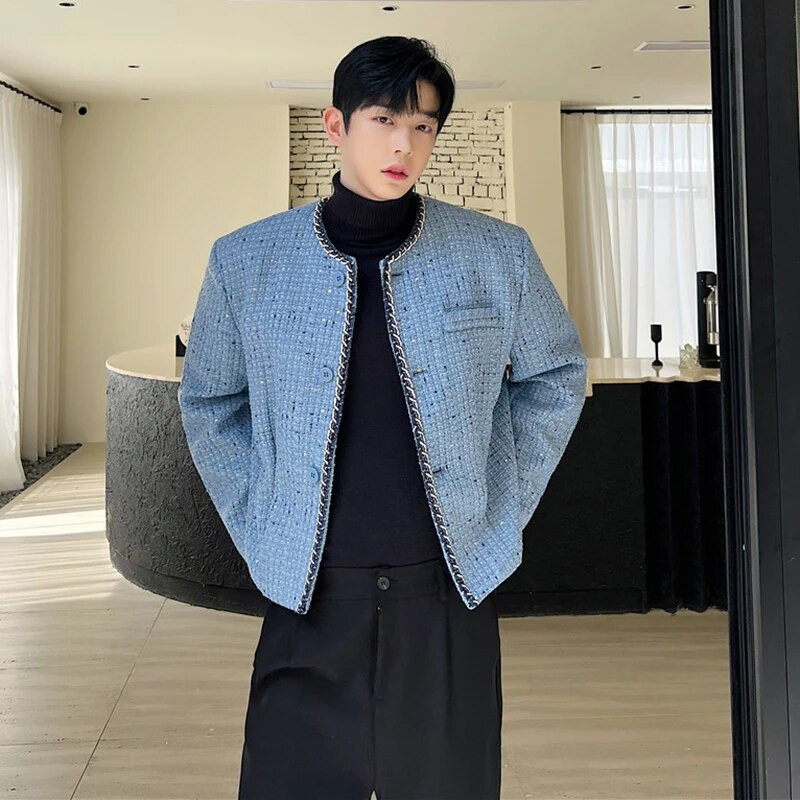 IEFB Jachete pentru bărbați Tendință, stil, personalitate, paiete, haină scurtă, stil coreean, îmbrăcăminte exterioară fără guler, toamna 2023, bărbat nou 9C2301