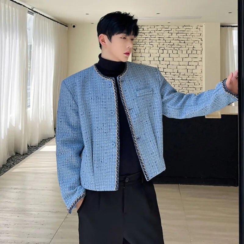 IEFB Jachete pentru bărbați Tendință, stil, personalitate, paiete, haină scurtă, stil coreean, îmbrăcăminte exterioară fără guler, toamna 2023, bărbat nou 9C2301