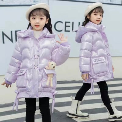 2024 Kórejské jesenné zimné dievčenské parky, nepremokavé lesklé teplé dlhé dievčenské vrchné oblečenie, kabát 5-14 rokov, detská bunda pre dospievajúce dievčatá