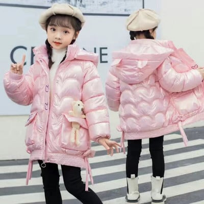2024 Kórejské jesenné zimné dievčenské parky, nepremokavé lesklé teplé dlhé dievčenské vrchné oblečenie, kabát 5-14 rokov, detská bunda pre dospievajúce dievčatá