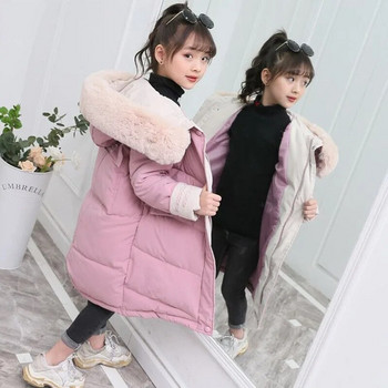 Зимно пухено памучно яке, модно детско облекло за момиче, кожена яка, дълги палта с качулка, детски дрехи, топли дебели дрехи от парка