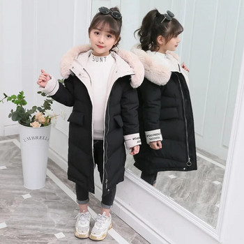 Зимно пухено памучно яке, модно детско облекло за момиче, кожена яка, дълги палта с качулка, детски дрехи, топли дебели дрехи от парка