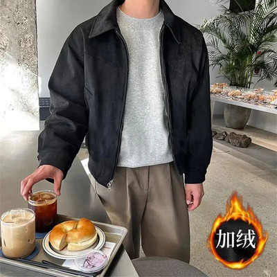 Ruda vyriška striukė pavasario ir rudens laisva apykakle, trumpa pliušinė striukė su užtrauktuku, retro stiliaus gatvės drabužiai