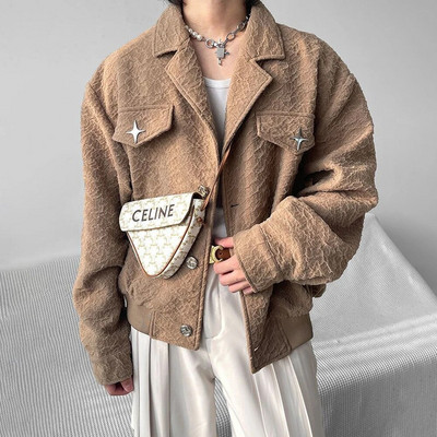 Pánska Harajuku voľná kovová zdobená krátka bunda Y2k, jeseň/zima, bez pohlavia, retro ležérna módna pouličná textúrovaná bunda, unisex