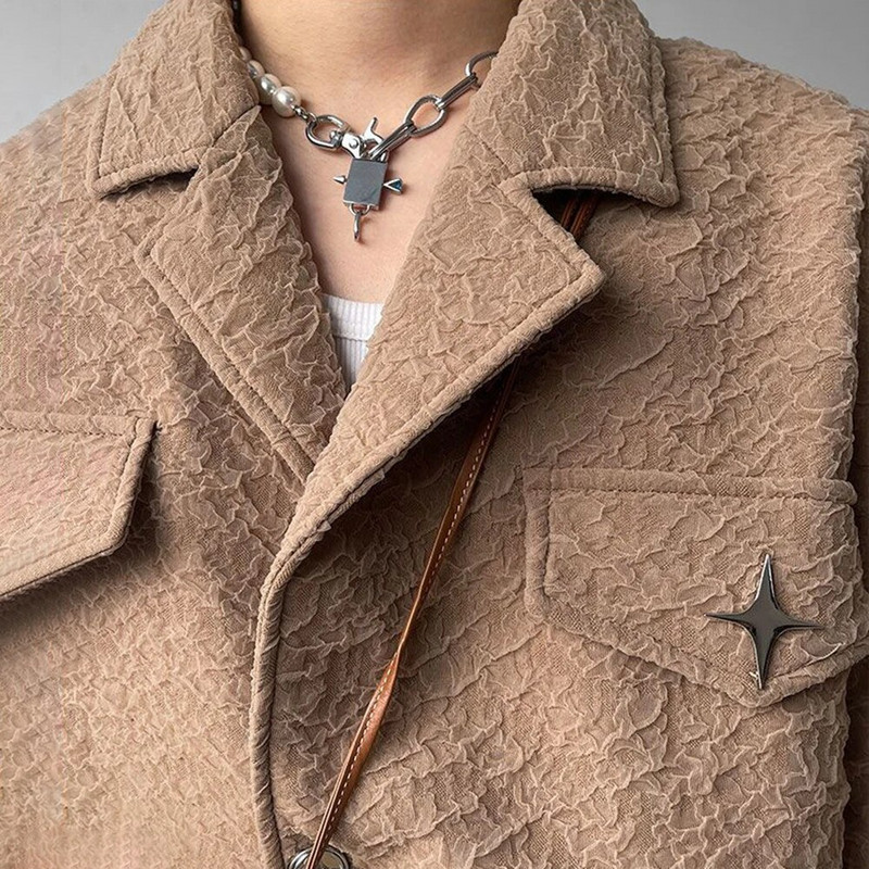 Pánska Harajuku voľná kovová zdobená krátka bunda Y2k, jeseň/zima, bez pohlavia, retro ležérna módna pouličná textúrovaná bunda, unisex