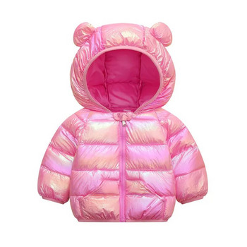 1 2 3 4 5 години Зимно яке за бебета и момичета Едноцветно лъскаво топли Палто за малка принцеса Връхни дрехи с качулка и цип Детски дрехи