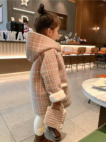 Χειμωνιάτικο κορίτσι μάλλινο παλτό Windbreaker Casual Wear Μάλλινο Πανωφόρι Καφασωτό με κουκούλα Παιδικό Εξωτερικό Βελούδινο Μπουφάν Κρουασάν κουμπί