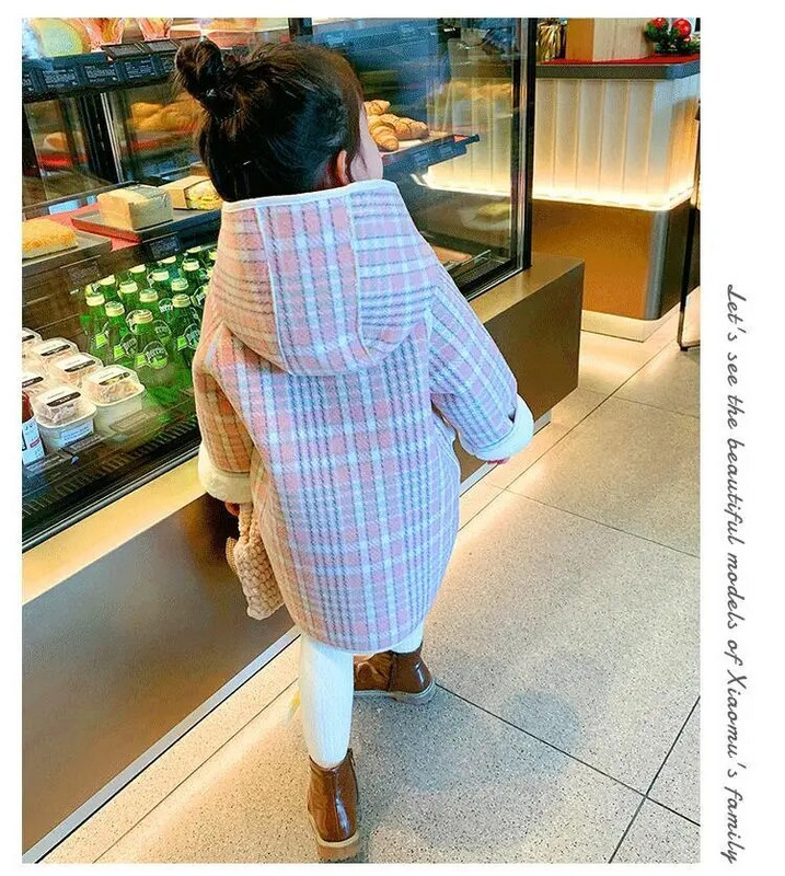 Talvine tüdrukute villane mantel Tuulejope vabaajarõivad villane mantel võre kapuutsiga lastele üleriided sametjakk croissant-nupp