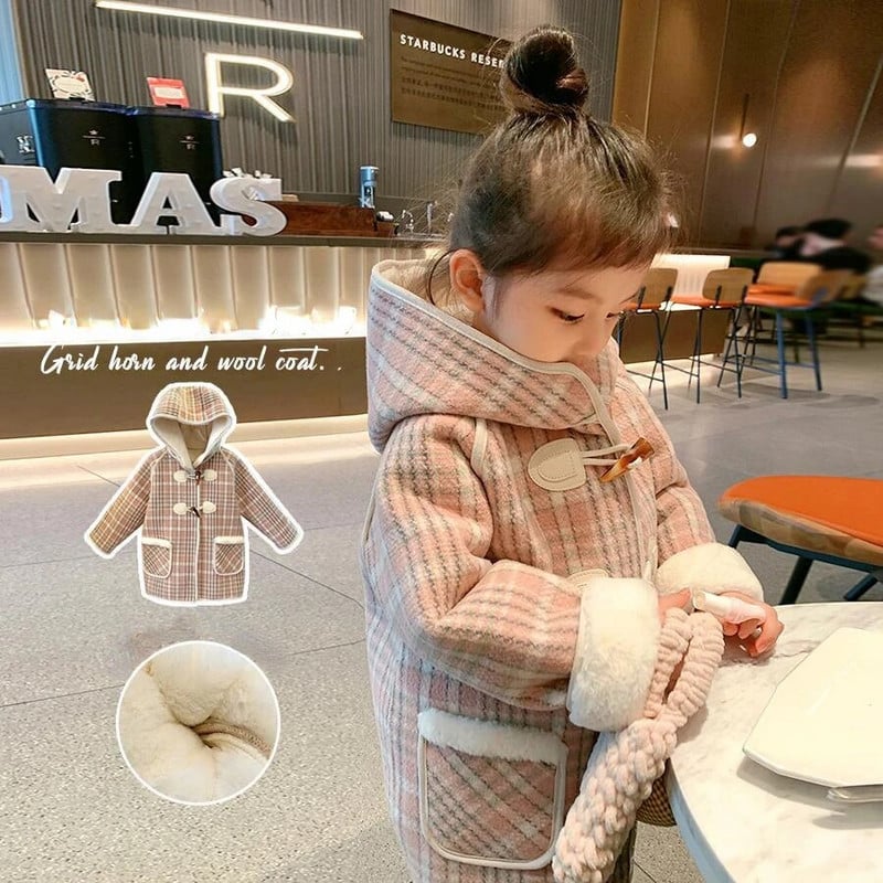 Talvine tüdrukute villane mantel Tuulejope vabaajarõivad villane mantel võre kapuutsiga lastele üleriided sametjakk croissant-nupp
