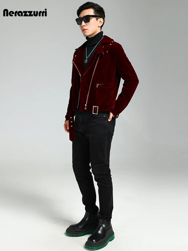 Mauroicardi kevadsügis jahe ilus lühike Burgundia must sametine moto- ja bikerjakk Meeste pikkade varrukatega luksuslikud disainerrõivad