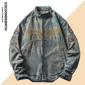 Jachetă de blugi retro americană pentru bărbați, primăvară, cu litere lejer, broderie, haină motocicletă, unisex, stradă, ocazional, pentru baseball.