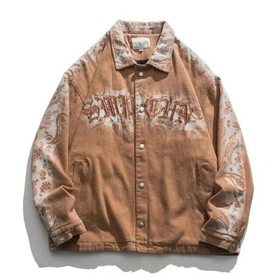 Jachetă de blugi retro americană pentru bărbați, primăvară, cu litere lejer, broderie, haină motocicletă, unisex, stradă, ocazional, pentru baseball.