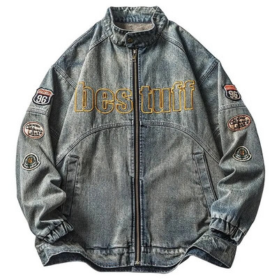 Jachetă de blugi retro americană pentru bărbați, primăvară, cu litere lejer, broderie, haină motocicletă, unisex, stradă, ocazional, pentru baseball.