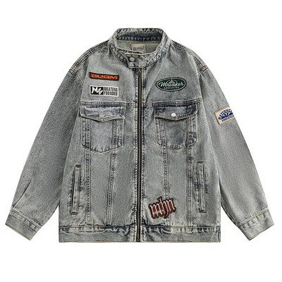 Jachetă de blugi retro americană pentru bărbați, primăvară, cu litere lejer, broderie, haină motocicletă, unisex, stradă, ocazional, pentru baseball.