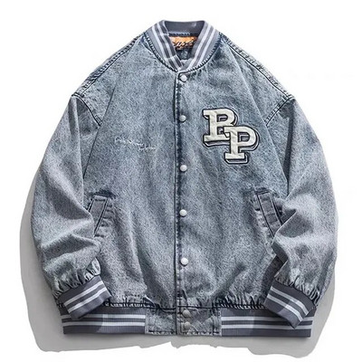 Jachetă de blugi retro americană pentru bărbați, primăvară, cu litere lejer, broderie, haină motocicletă, unisex, stradă, ocazional, pentru baseball.