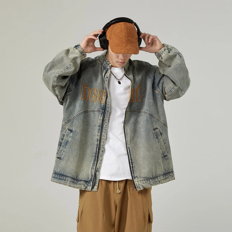 Amerikai retro farmer dzseki férfi tavaszi laza betűs hímzés motoros kabát uniszex utcai egyetemi alkalmi baseball felsőruházat