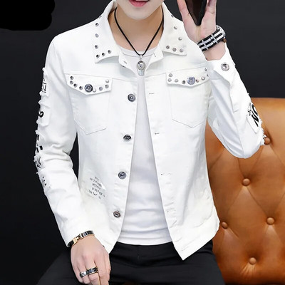 Jachetă de blugi pentru bărbați de modă, primăvară și toamnă, cu design personalizat, haine de blugi pentru bărbați, slim fit, culoare solidă, frumos, versatil