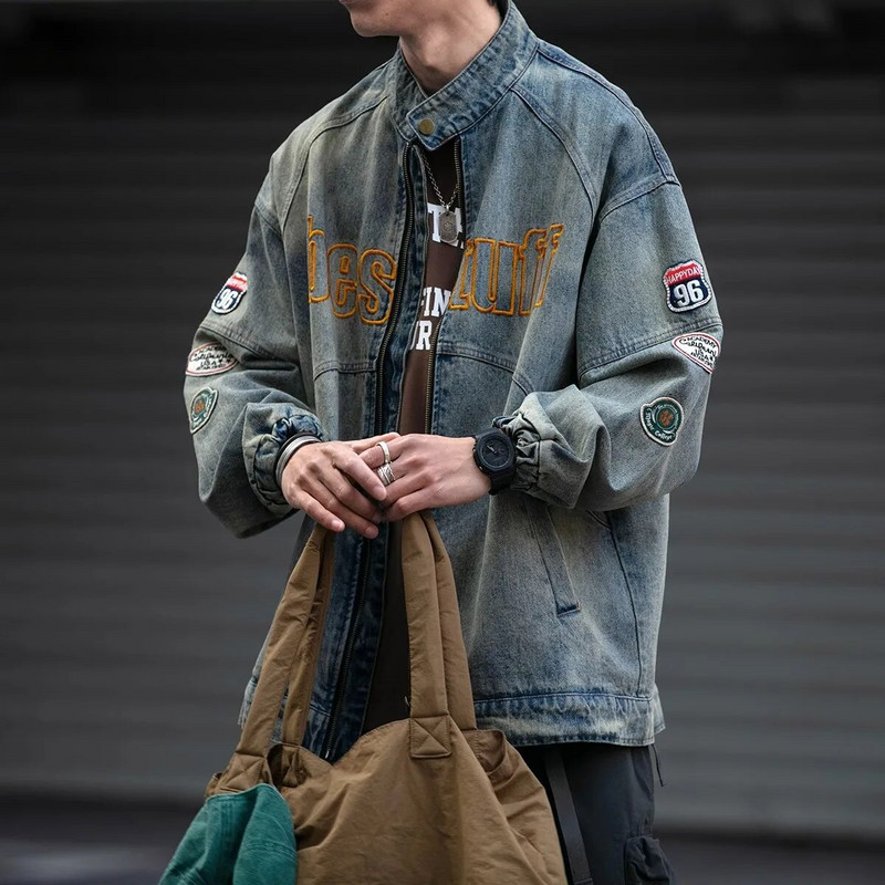 Αμερικάνικο vintage τζιν μπουφάν για άνδρες Ανοιξιάτικη βαριά βιομηχανία Loose Letter Κέντημα Παλτό Unisex Varsity Casual Outwear Baseball