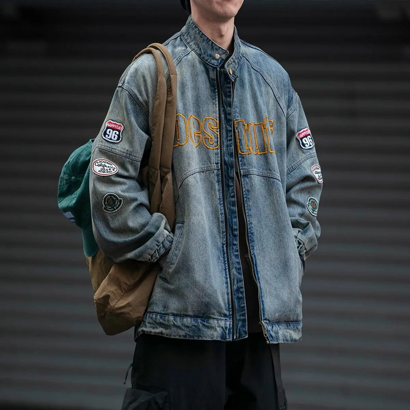 Αμερικάνικο vintage τζιν μπουφάν για άνδρες Ανοιξιάτικη βαριά βιομηχανία Loose Letter Κέντημα Παλτό Unisex Varsity Casual Outwear Baseball