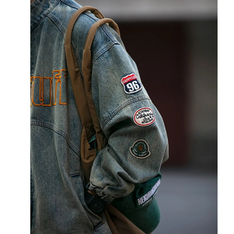 Αμερικάνικο vintage τζιν μπουφάν για άνδρες Ανοιξιάτικη βαριά βιομηχανία Loose Letter Κέντημα Παλτό Unisex Varsity Casual Outwear Baseball