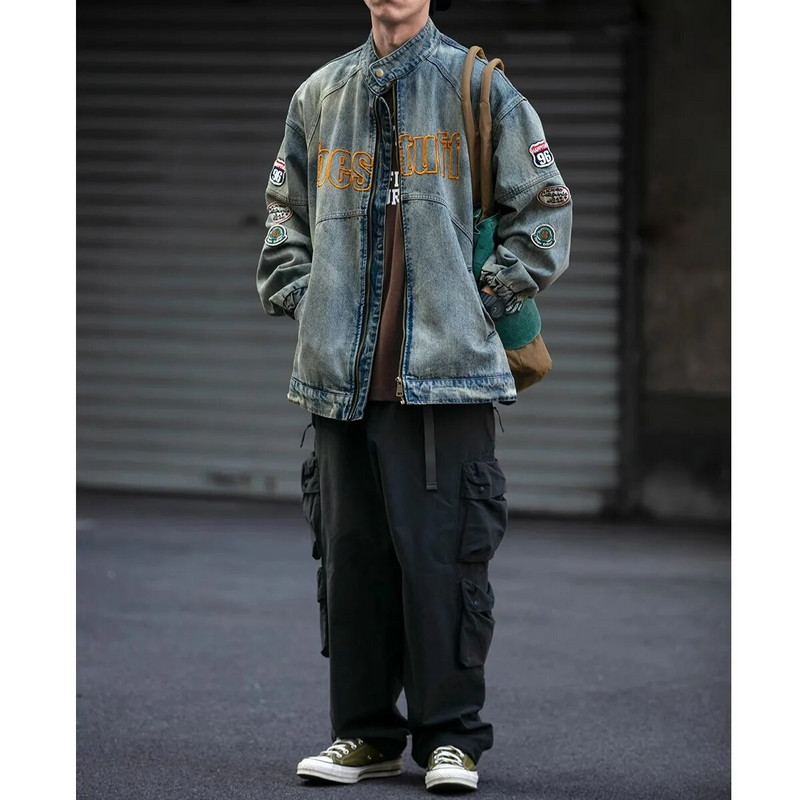 Αμερικάνικο vintage τζιν μπουφάν για άνδρες Ανοιξιάτικη βαριά βιομηχανία Loose Letter Κέντημα Παλτό Unisex Varsity Casual Outwear Baseball