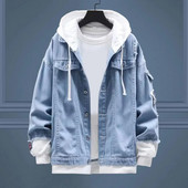 Kevad-sügis meeste teksajakk kapuutsiga nööriga klapiga taskud pikkade varrukatega mantel Üherealine rebenenud aukudega jope ülerõivad