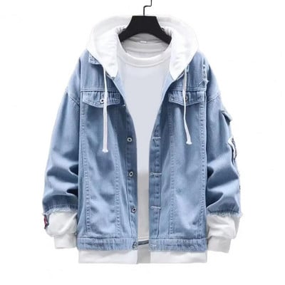 Kevad-sügis meeste teksajakk kapuutsiga nööriga klapiga taskud pikkade varrukatega mantel Üherealine rebenenud aukudega jope ülerõivad