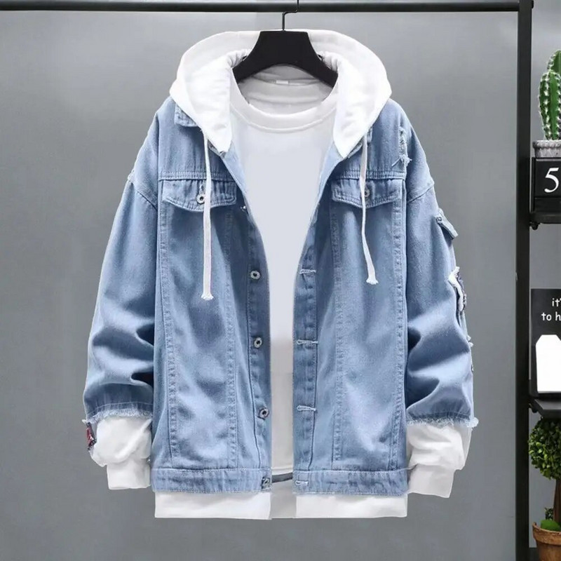 Kevad-sügis meeste teksajakk kapuutsiga nööriga klapiga taskud pikkade varrukatega mantel Üherealine rebenenud aukudega jope ülerõivad