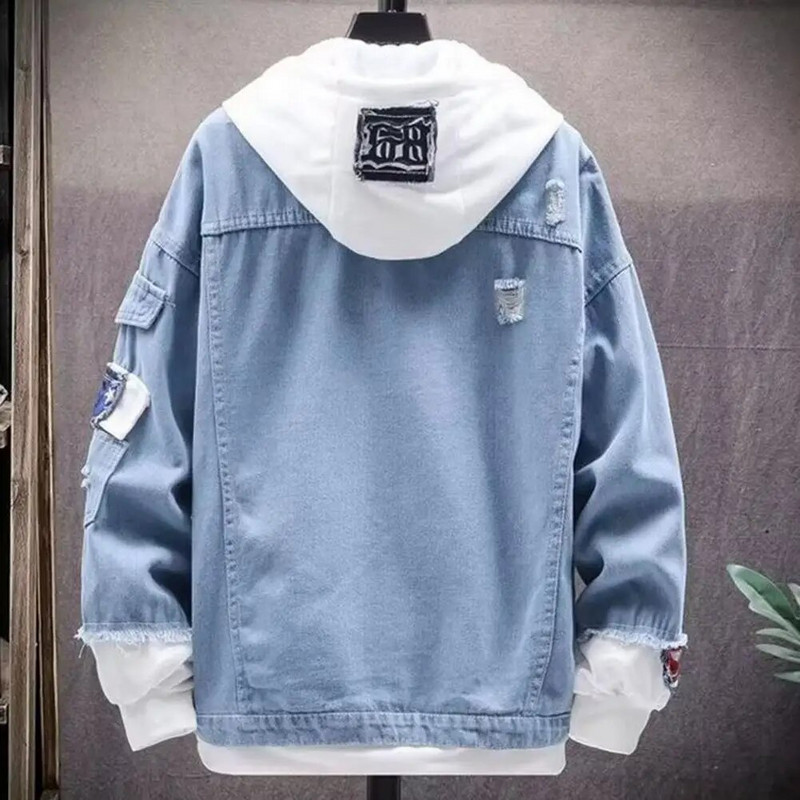 Kevad-sügis meeste teksajakk kapuutsiga nööriga klapiga taskud pikkade varrukatega mantel Üherealine rebenenud aukudega jope ülerõivad