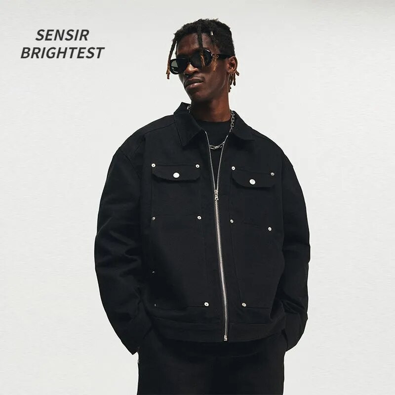 Americký štýl High Street Metal Stud Denim Jacket Pánska značka Retro Hip-hop Washed Loose Zips Crock Jacket Pánska