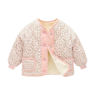 Dievčenská plyšová krátka bunda jeseň/zima 2023, nová kvetinová bunda s gombíkmi, bavlnený manšestr, husacia detská plyšová zahustená bunda, páperová bunda