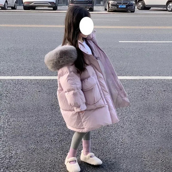 Μπουφάν με μεγάλο γιακά για κορίτσια με κουκούλα Παιδικό μακρύ παλτό με επένδυση 2023 Νέο χοντρό ζεστό παλτό